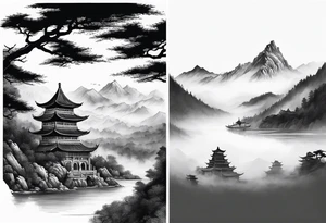 forearm sleeve traditional chinese art painting style autumn mountains mist fog water Chinese temple two figures wearing robes tattoo idea