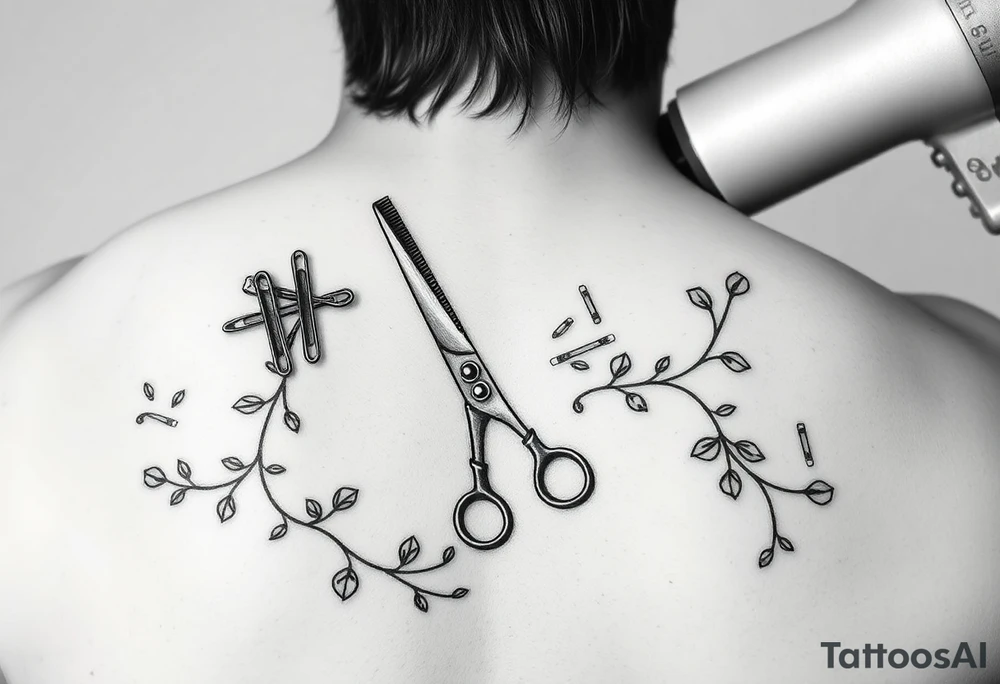 shears with a comb, blow-dryer. then groups of bobby pins randomly placed. with vines weaving thorughout tattoo idea