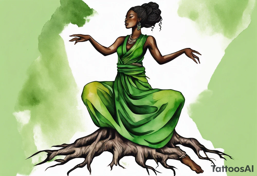 a tree trunk with roots that is a black woman from the waist up, feet made of tree roots, wearing a green tunic, arms reaching up towards the sun tattoo idea