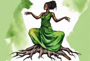 a tree trunk with roots that is a black woman from the waist up, feet made of tree roots, wearing a green tunic, arms reaching up towards the sun tattoo idea