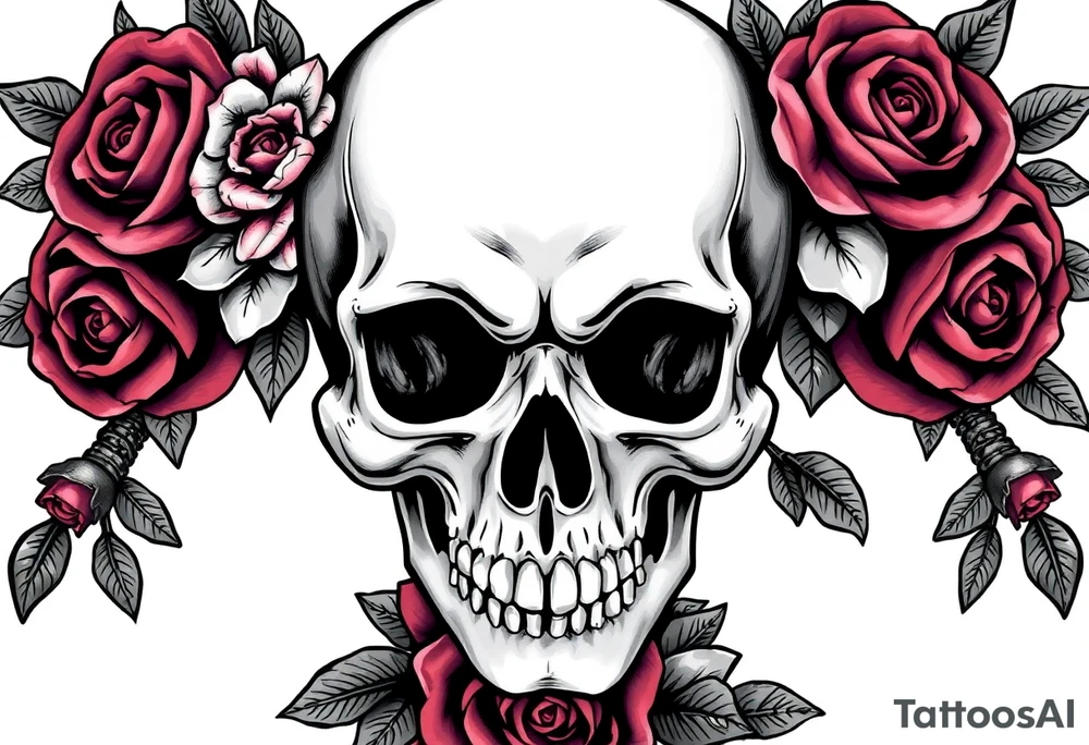 Close-up of a skull entwined with dark blooming roses, ornate broadswords. tattoo idea