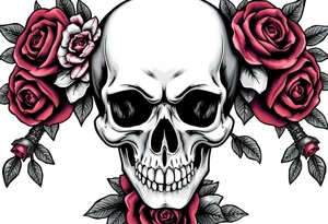 Close-up of a skull entwined with dark blooming roses, ornate broadswords. tattoo idea