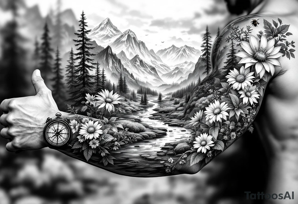 full arm black and white tattoo realistic nature landscape majestic river flowing down bright mountains trees, daisies, chrysanthemums a real bee on one flower a large compass on the forearm river flowing from top shoulder to bottom tattoo idea