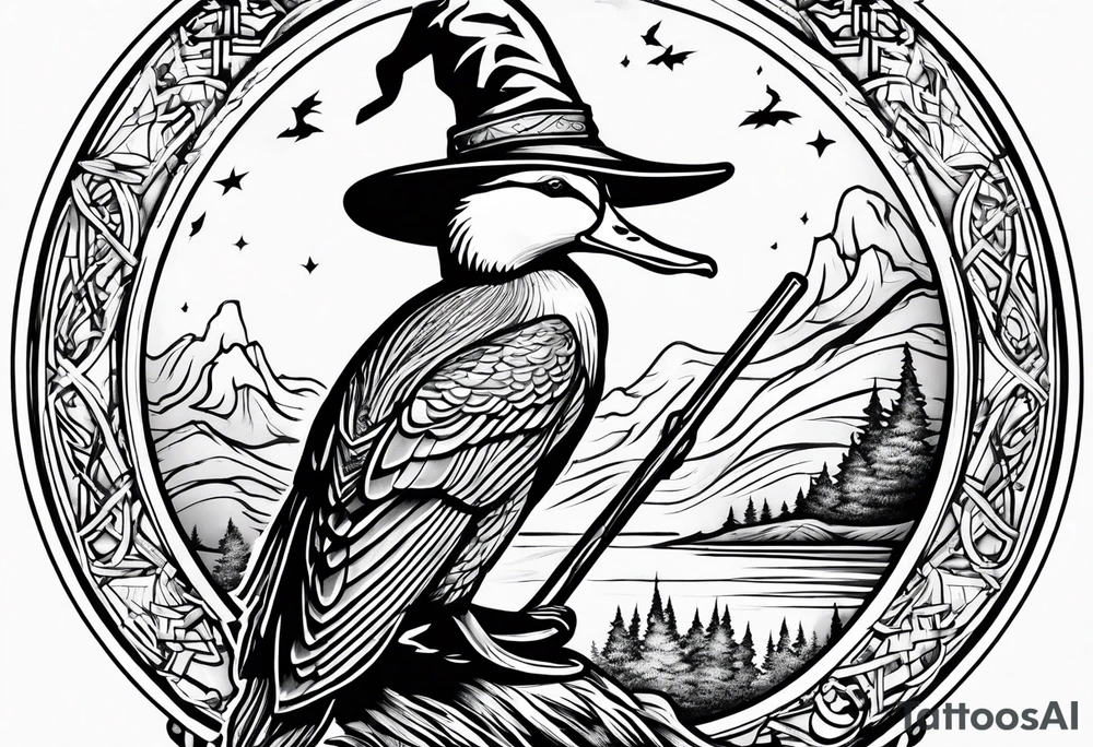 Mallard Duck dressed like a wizard casting a spell with his wand tattoo idea