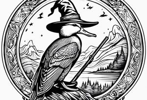 Mallard Duck dressed like a wizard casting a spell with his wand tattoo idea
