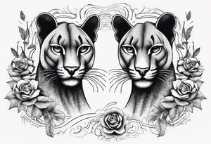 Generate a tattoo concept with two black pumas flanking a central element. Position the pumas side by side, facing outward, mirroring each other's stance. tattoo idea