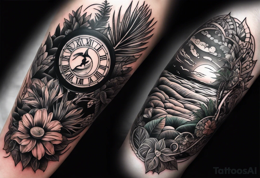 sleeve tattoo with jungle plants and Vegvisir, moon and beach tattoo idea