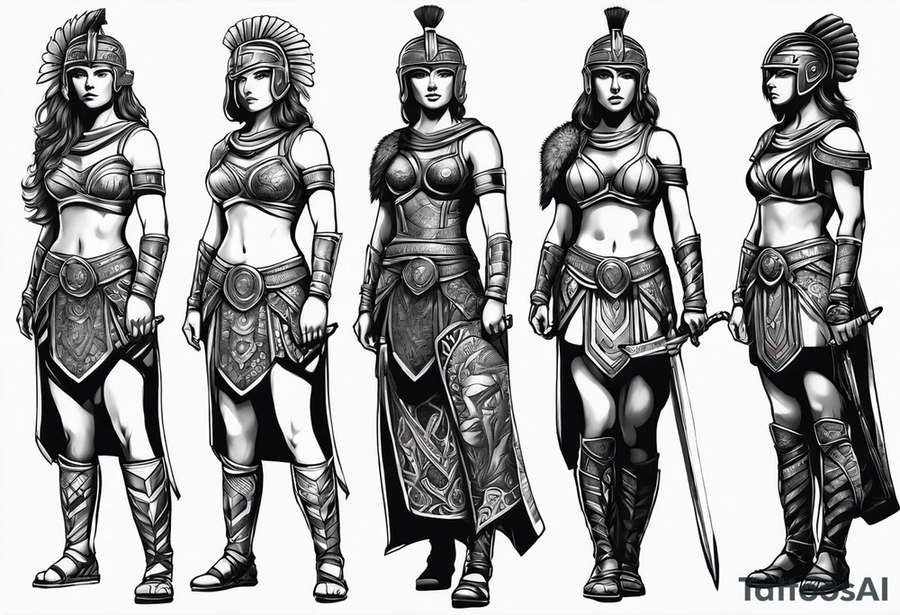 Female gladiator full body black background tattoo idea