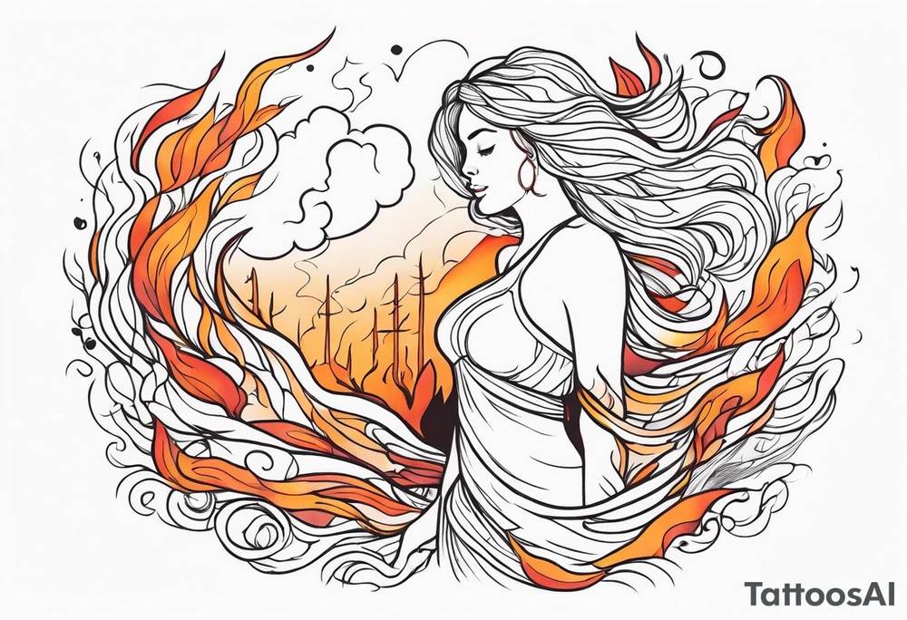 Resurrection strength and courage Beautiful Woman walking through fire and chaos to inner peace and self-love  ethereal tattoo idea