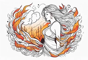 Resurrection strength and courage Beautiful Woman walking through fire and chaos to inner peace and self-love  ethereal tattoo idea