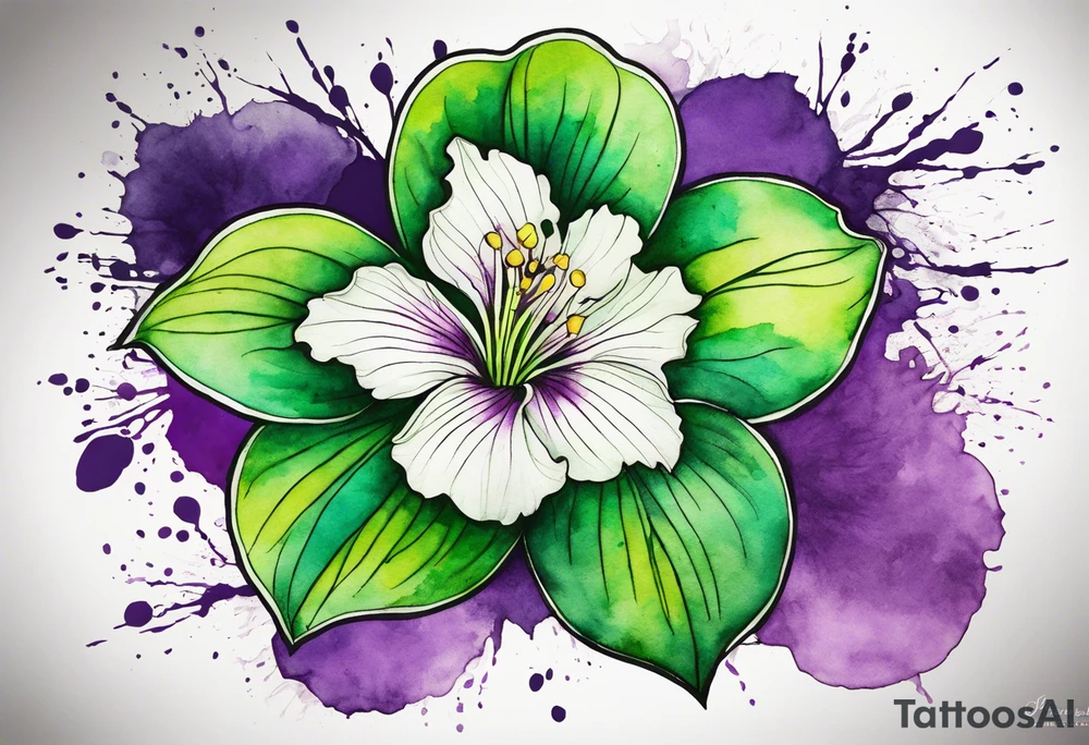 An outline of an only green rio dipladenia flower and a green and purple watercolor splash in the background tattoo idea