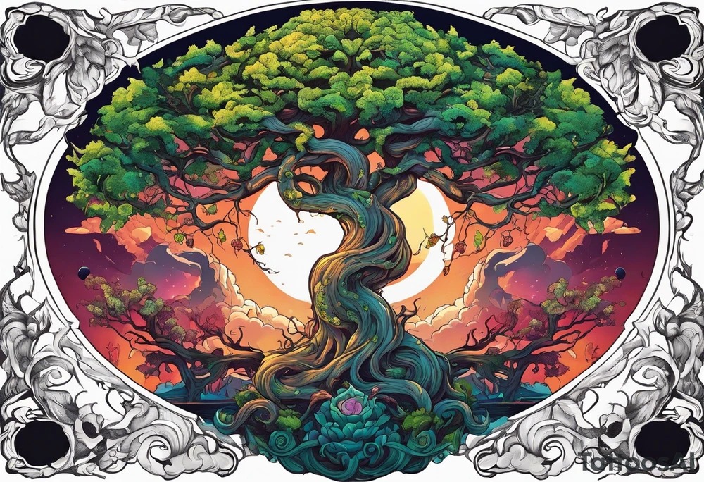 The deity Pan is entwined in a tree which is a portal in a other dimension tattoo idea