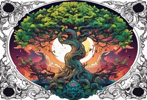 The deity Pan is entwined in a tree which is a portal in a other dimension tattoo idea