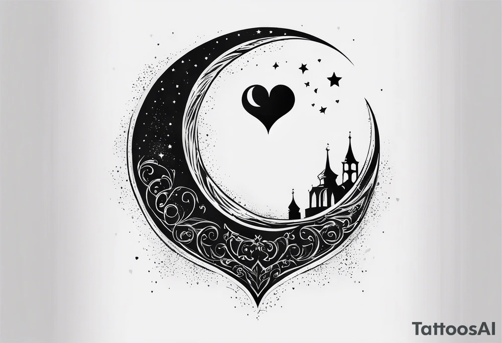 minimalistic Crescent moon with a love heart inside tattoo idea