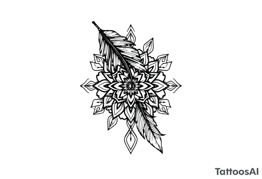 spiritual bold line feather mandala tattoo idea