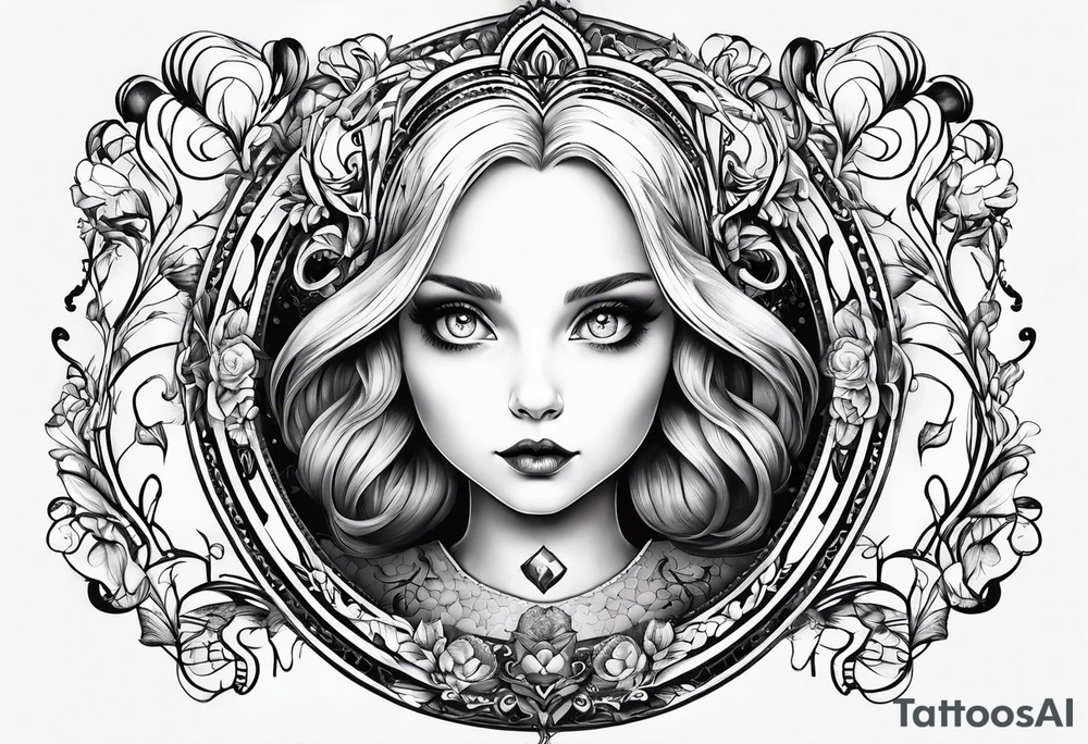 Alice in wonderland, Alice solo facing the viewer, simplistic tattoo idea