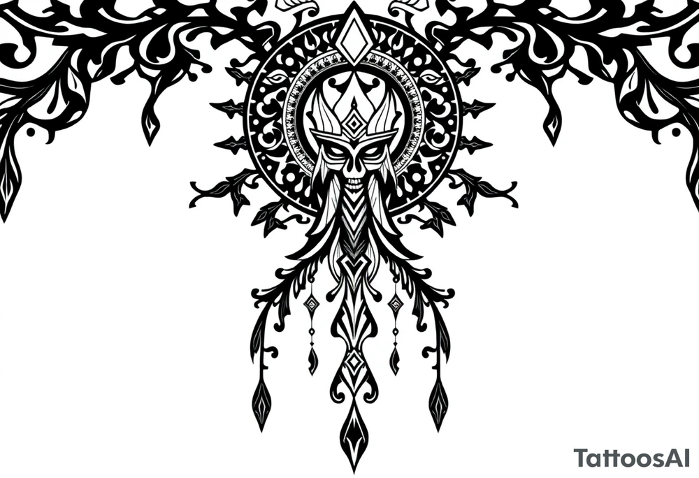 mystical dark and long ornament with shaman and witch mytolog and ancient rhyme tattoo idea