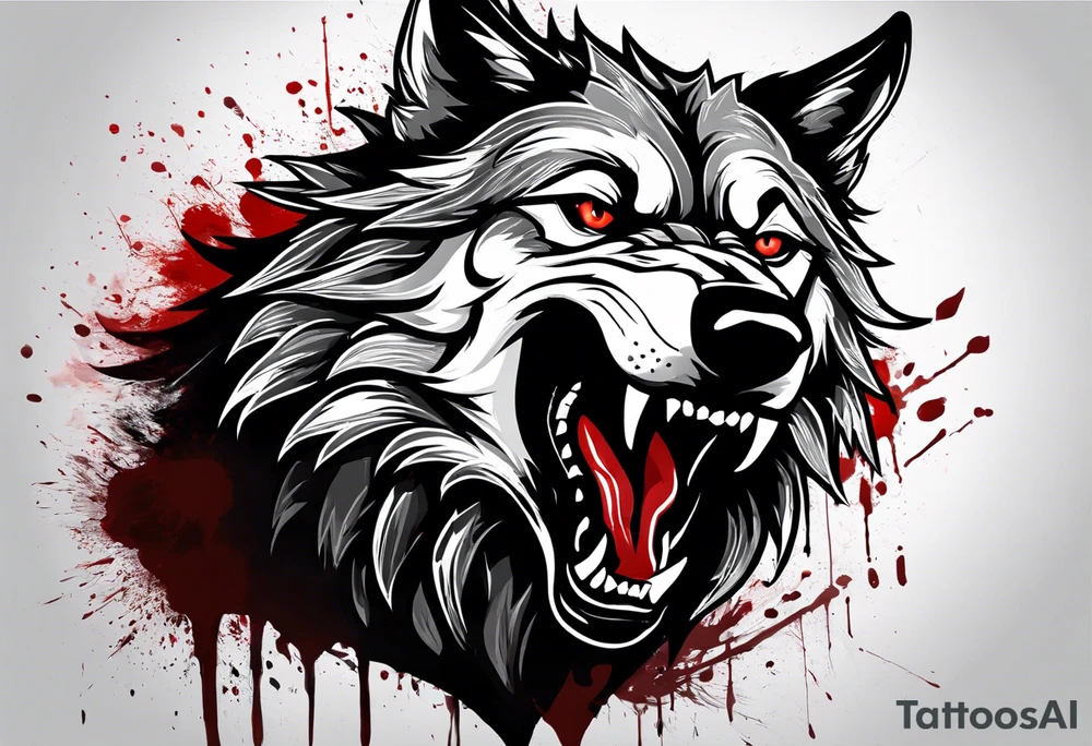Create aggressive WOLF, with some blood coming out of his mouth and saliva. BLOOD IN THE BACKGROUND. Make it a drawing and use the image of reference. I am going to add. I want HIM TO BE ANGRY WITH RED EYES use VICIOUS WOLF THATS ANGRY tattoo idea
