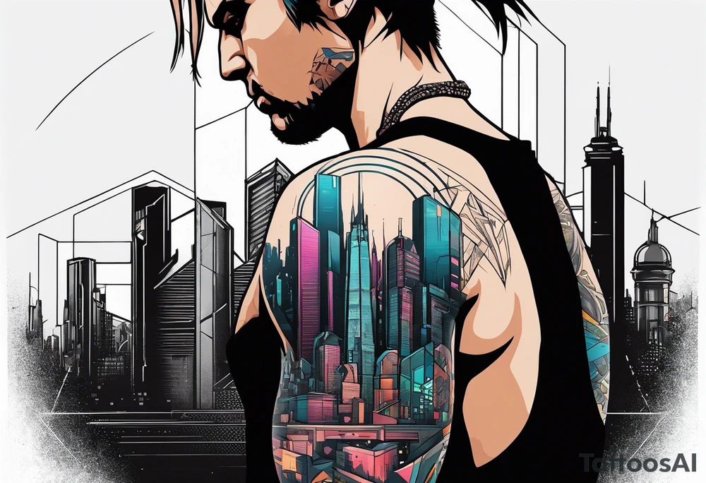 cyberpunk 2077, forearm tattoo, geometric, subtle, men, city skyline, 4k tattoo idea