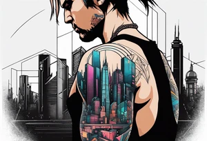 cyberpunk 2077, forearm tattoo, geometric, subtle, men, city skyline, 4k tattoo idea