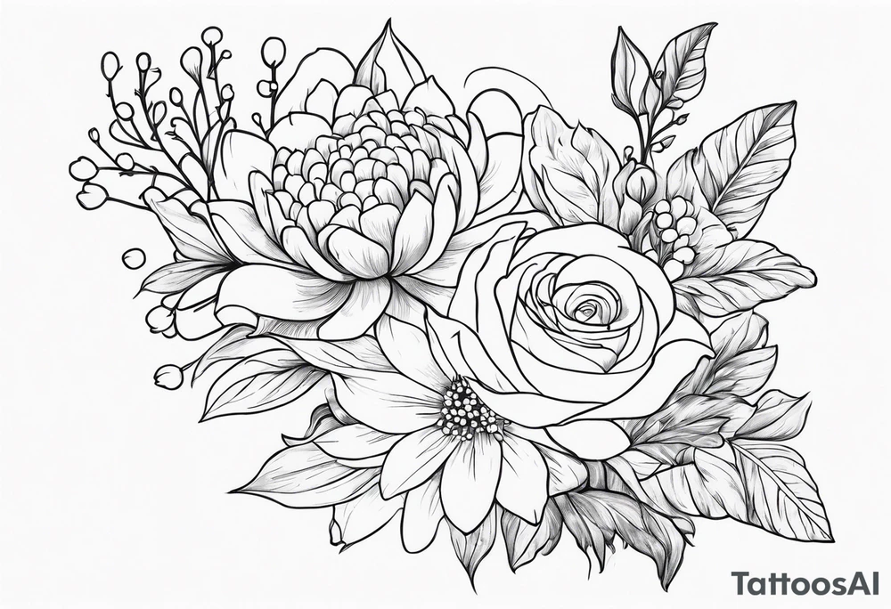 Asters, roses, lily of the valley, and chrysanthemums in a long line tattoo idea