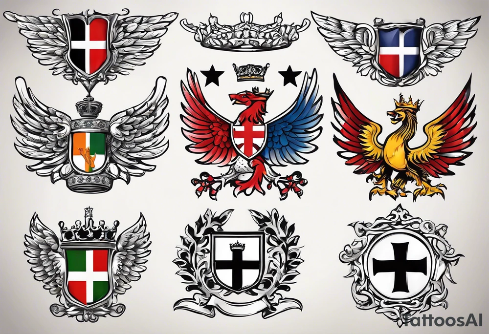 Merge the heraldic elements of england, northern ireland, ireland, scotland, wales, germany, croatia, serbia, slovakia, slovenia, and czech republic intertwined in a harmonious and elegant manner. The design should be symmetrical and suitable for a shoulder placement. tattoo idea