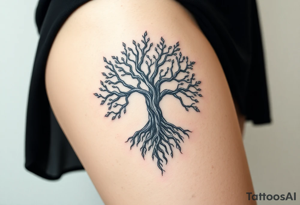 mystical tree of life with cosmic roots and celestial branches tattoo idea