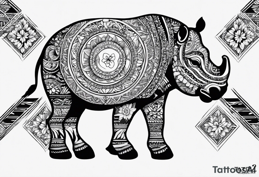 A foot long 2.5inches wide portrait orientation tattoo, containing a detailed hippo head with tribal patterns in the middle, a full moon on the upper side, and some wintersweet flowwer on the bottom side, these three components are connected with arches, lines, little geometric patterns, the lines will ne fine and narrow tattoo idea