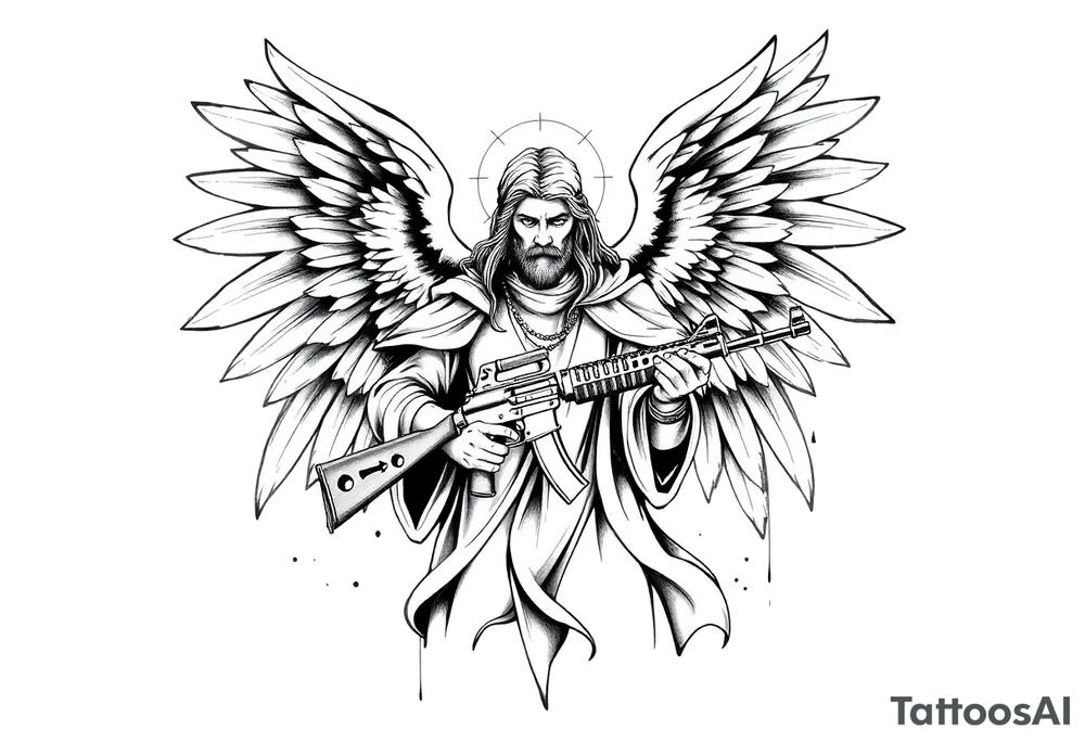 This black and grey tattoo sketch should depict Archangel Michael in a blend of realism and graphic art styles on a white background. The archangel is portrayed as a powerful, solemn warrior with large, detailed wings and flowing robes, creating a sense of movement and divine presence.

A striking element is the AK-47 assault rifle in his hands, merging sacred imagery with modern weaponry. The rifle should be detailed yet slightly stylized to maintain a balance between realism and bold graphic lines.

The focus remains entirely on Archangel Michael and his weapon, with no background elements. However, subtle ink splatters, dripping effects, or rough shading can add depth and intensity to the composition.

The shading technique should mix smooth gradients for realism with sharp, defined lines to create contrast and a strong visual impact. The final design should feel bold, dramatic, and symbolic, representing a divine warrior with a contemporary edge, embodying strength, protection, and justice. tattoo idea