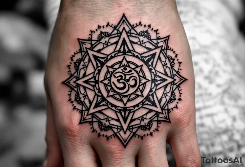 wheel of Dharmachakra with an ohm symbol in the middle tattoo idea