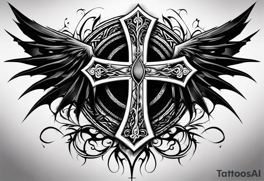 A Christian cross with sharp lower end imbedded into the ground that has roots growing from it. The cross is in the middle of two huge dragon wings. In the middle of the cross is an eye ball tattoo idea