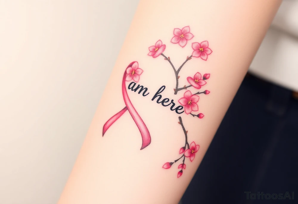 I am here pink ribbon Japanese cherry blossom tattoo idea