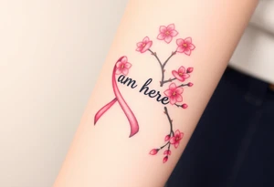 I am here pink ribbon Japanese cherry blossom tattoo idea