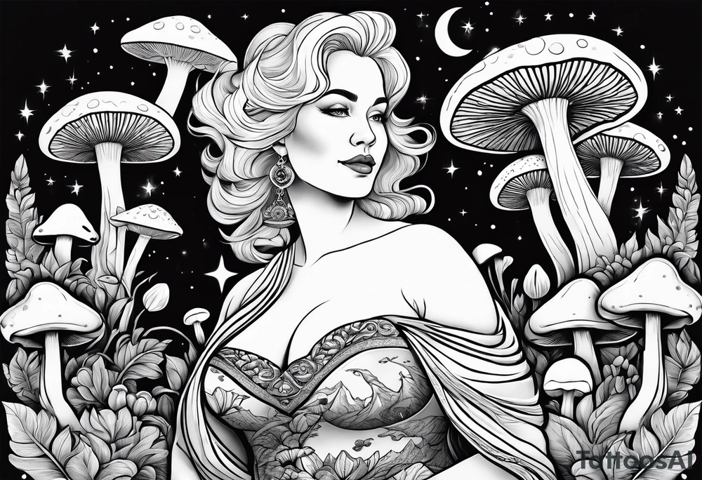 Older blonde fat woman no makeup surrounded by mushrooms mountains crescent moon background tattoo idea