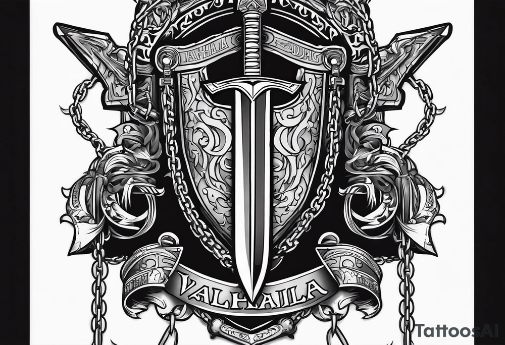 Valhalla stairs sword shield chains tattoo idea