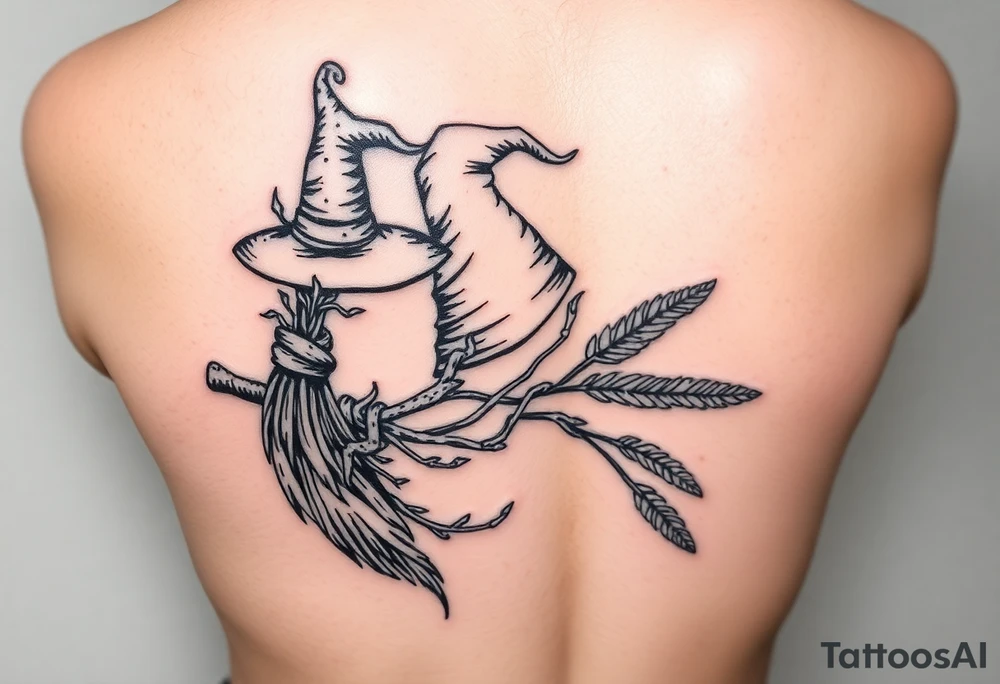 Which is broom with a witches hat with vines and feathers on your leg tattoo idea