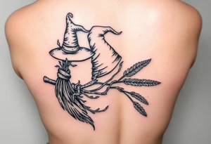 Which is broom with a witches hat with vines and feathers on your leg tattoo idea