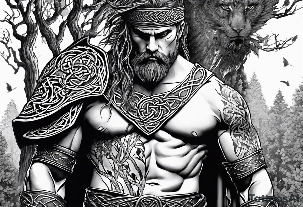 Full body side profile of a Celtic warrior with weapons. Background of trees tattoo idea