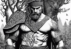 Full body side profile of a Celtic warrior with weapons. Background of trees tattoo idea