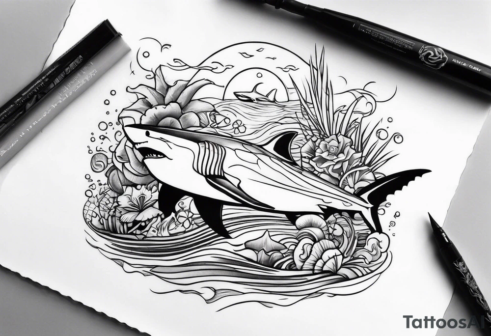 a half sleeve under forearm with a tiki, a great white shark, a turtle, and other sea life set under water tattoo idea