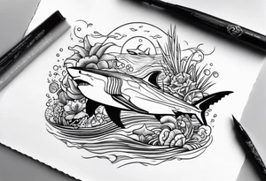 a half sleeve under forearm with a tiki, a great white shark, a turtle, and other sea life set under water tattoo idea