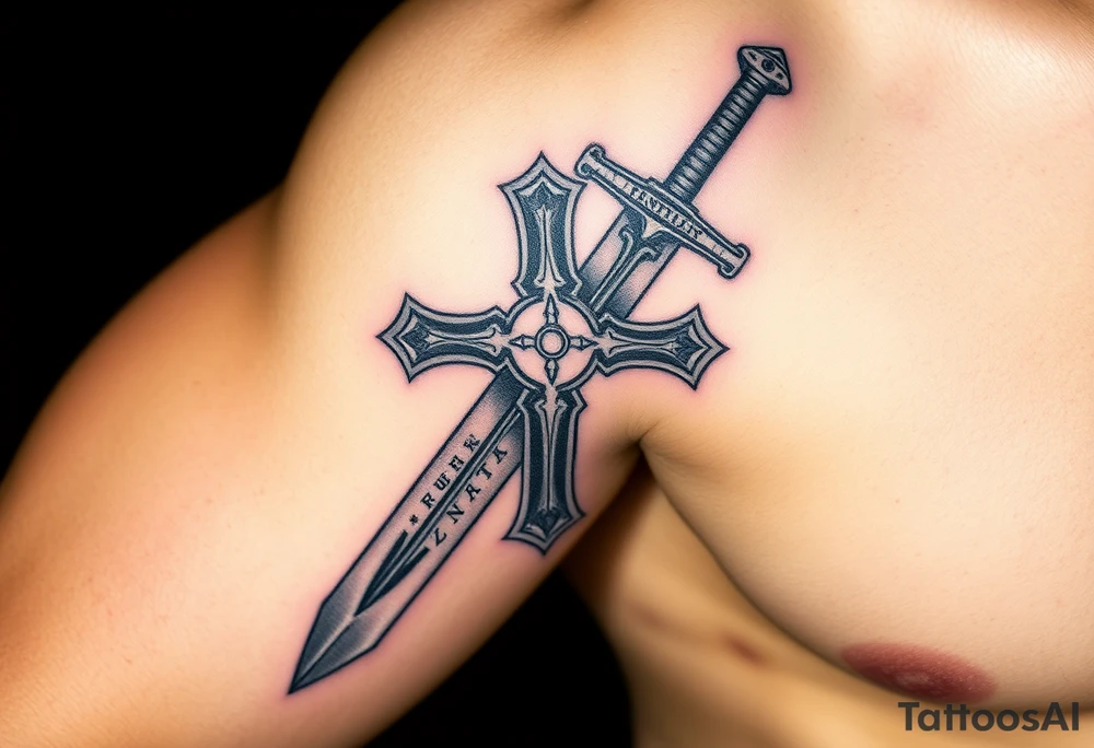 A battle-worn Templar cross fused into a medieval sword, with glowing runes along the blade tattoo idea