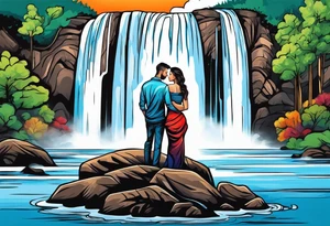Couple in front of waterfall tattoo idea