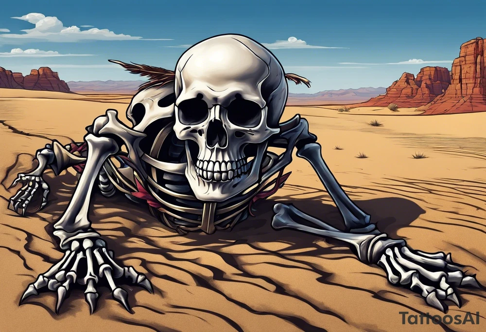 skeleton crawling towards a cross in a desert tattoo idea