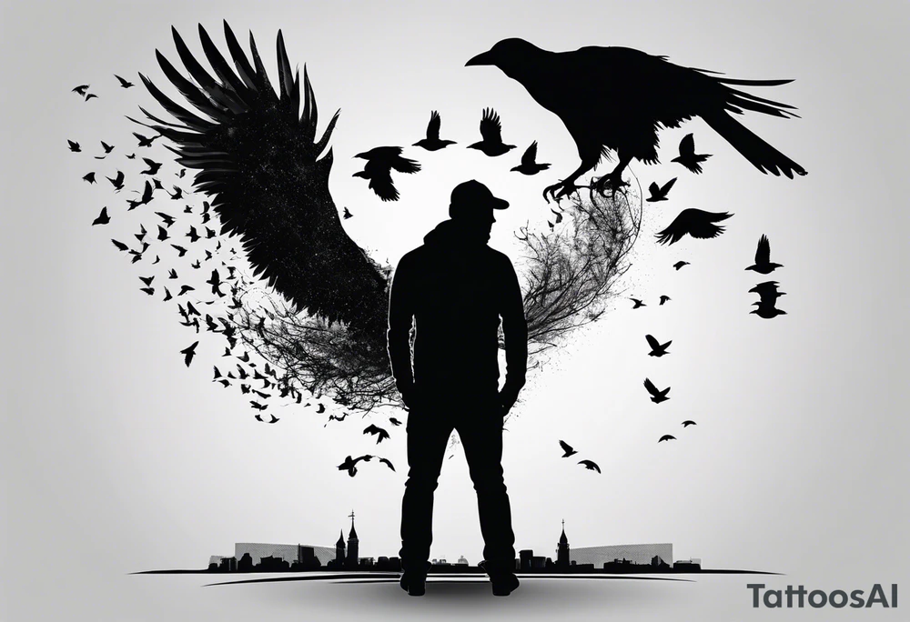 Silhouette of a man on his knees bent over with crows flying out his back like pieces of him flying away. tattoo idea