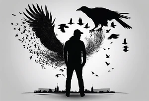 Silhouette of a man on his knees bent over with crows flying out his back like pieces of him flying away. tattoo idea
