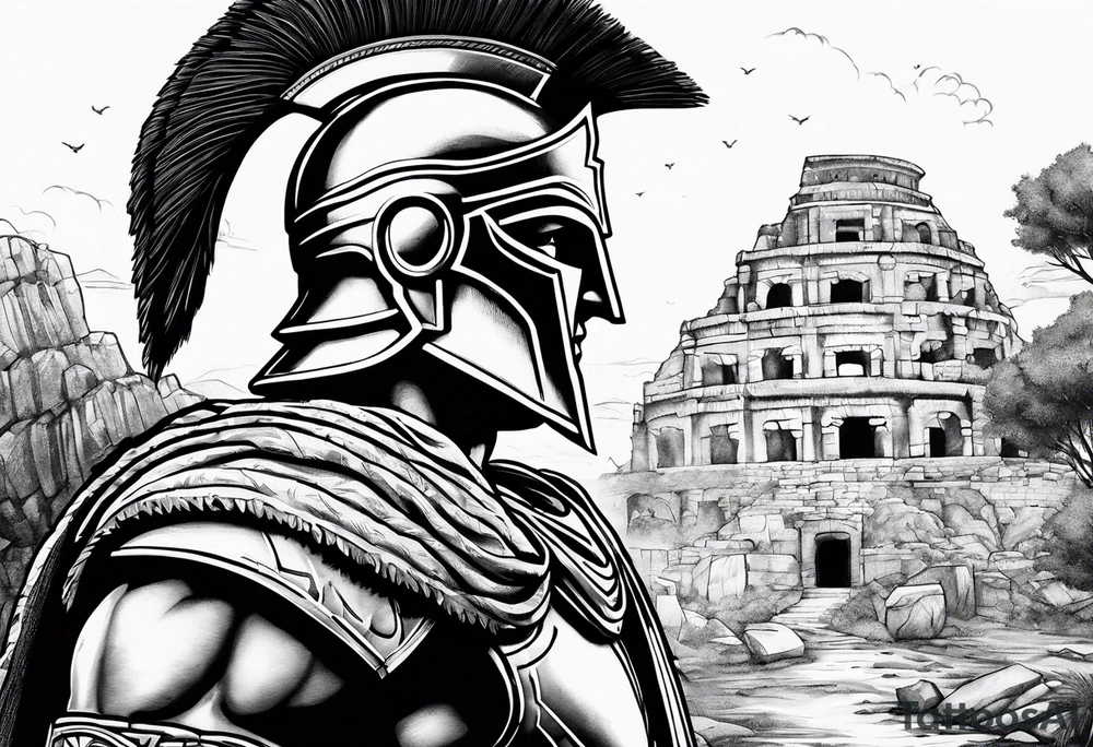 Close up of spartan solider face looking at distant ancient ruins tattoo idea