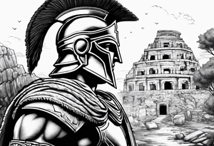 Close up of spartan solider face looking at distant ancient ruins tattoo idea