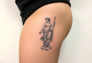 outer thigh tattoo greek sculpture female, fine line tattoo idea