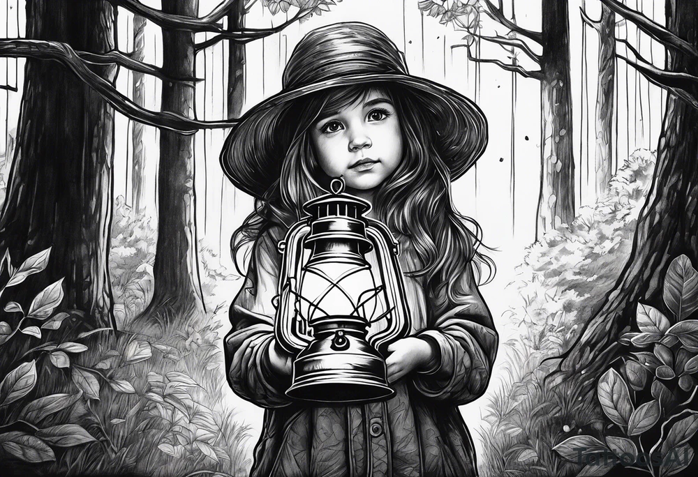 A small girl holding a lantern in a dark forest tattoo idea A small girl holding a lantern in a dark forest tattoo idea
